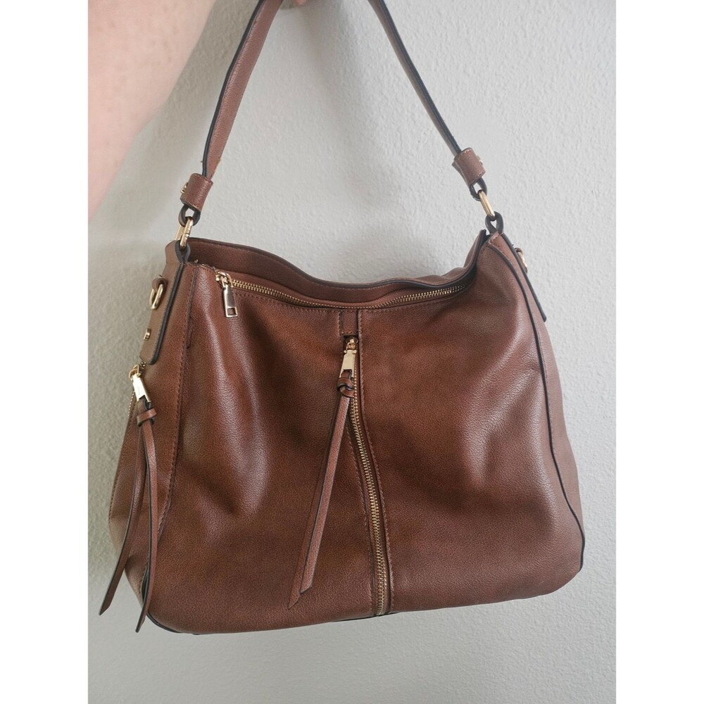 Realer Brown Vegan Leather Shoulder Bag with Gold Hardware Modern Prep, Boho